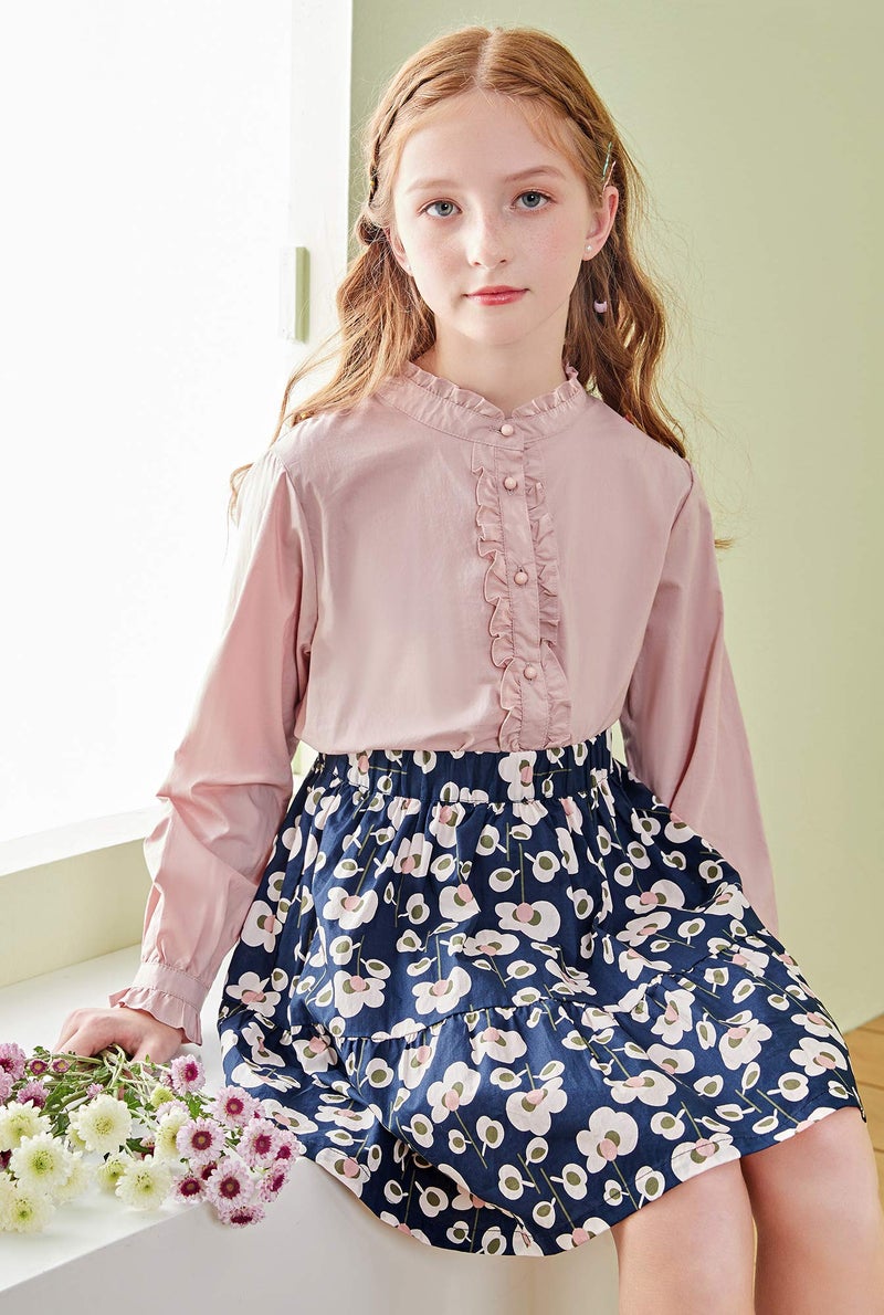 SOLOCOTE Girls Blouse Ruffle Long Sleeve Button Down Shirts Princess Cotton Loose Soft Tops Spring and Summer, 190903, Pink, 13-14Y - Image 4